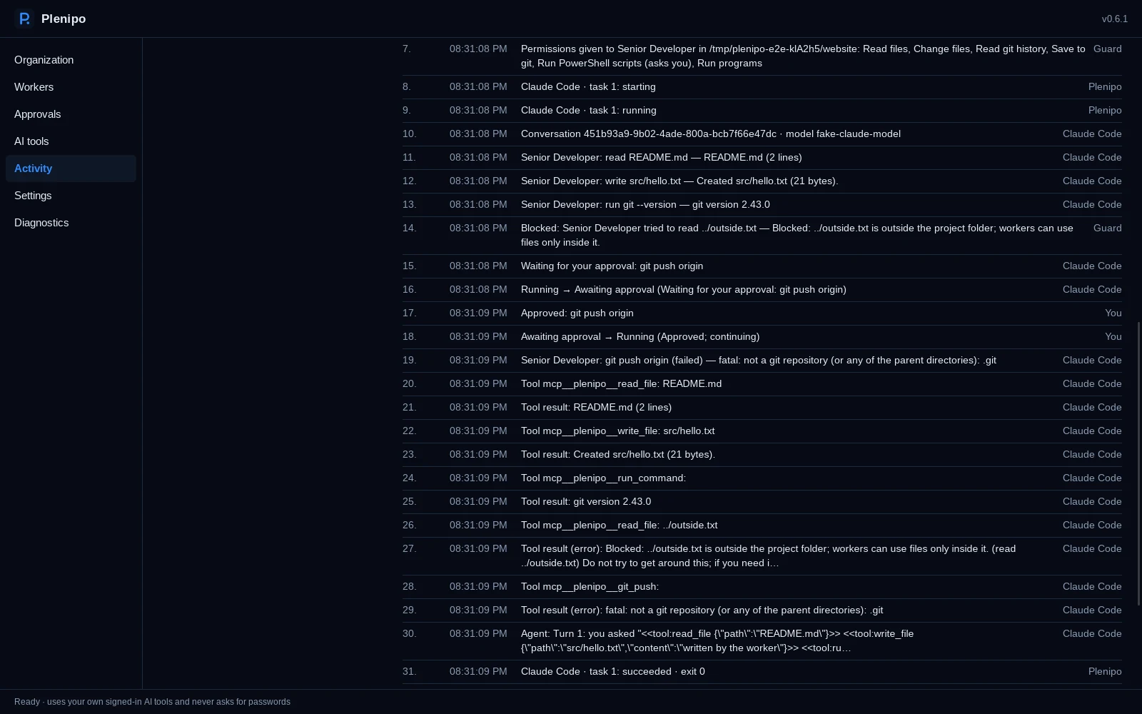 A sample local activity record in Plenipo
