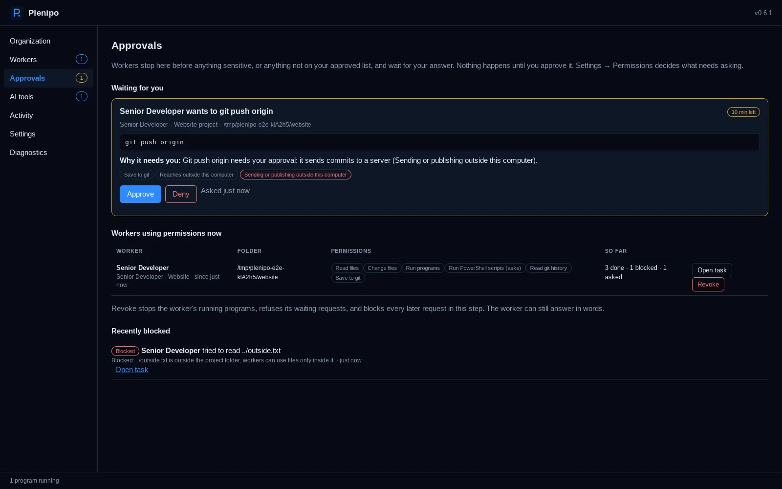 A sample approval request in Plenipo