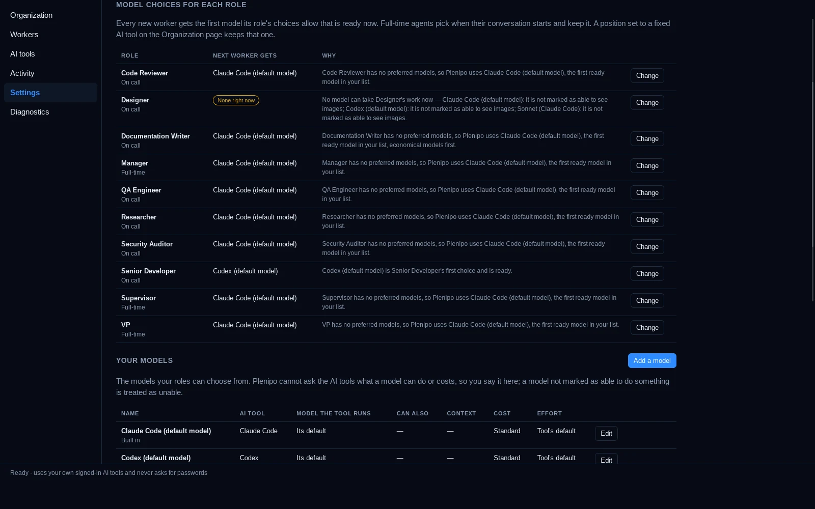 Sample role-based AI model choices in Plenipo settings